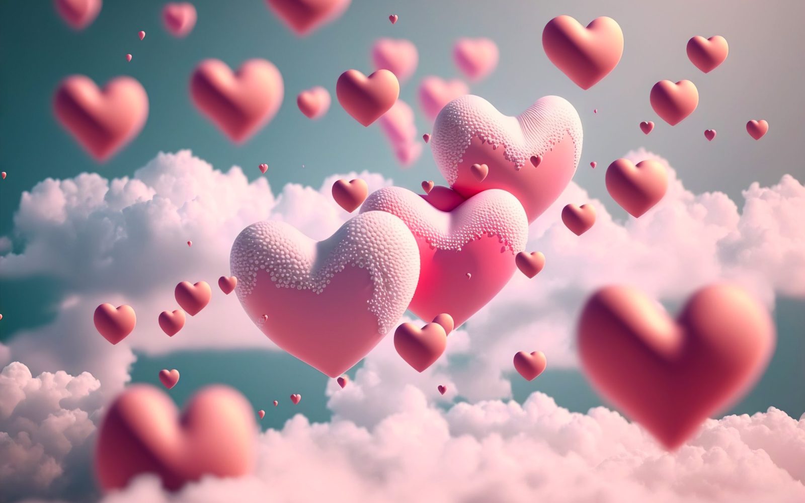 Many pink hearts fly as balloons in the sky with clouds. Romantic background for Valentine’s day. Generative AI Many pink hearts fly as balloons in the sky with clouds. Romantic background for Valentine's day. Generative AI/